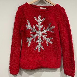 Red Fuzzy Christmas Sweater with Sequin Snowflake - Cute Ugly Sweater - Size: M